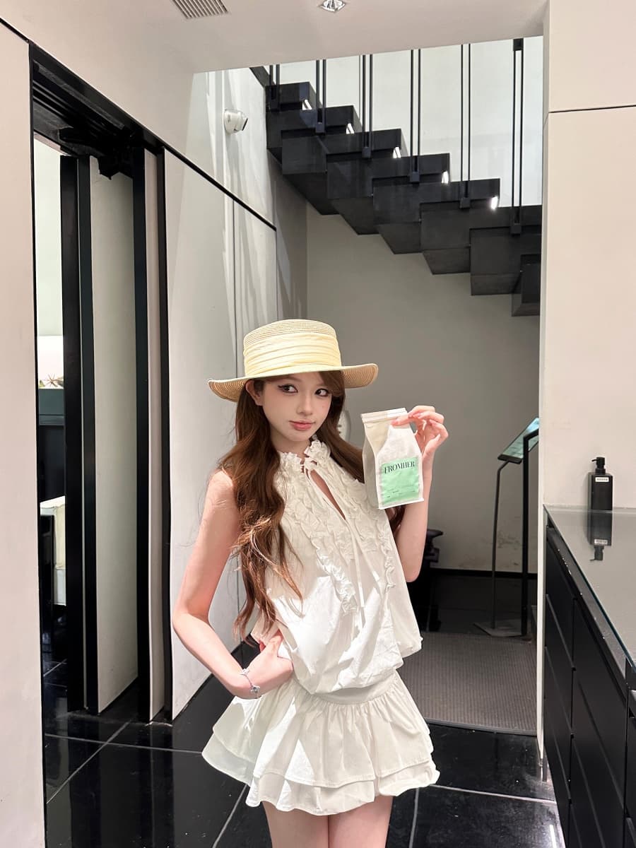 정가 실사 주름 프릴 행침 목 민소매 조끼 원피스 짧은 치마 레깅스 상세 이미지 12