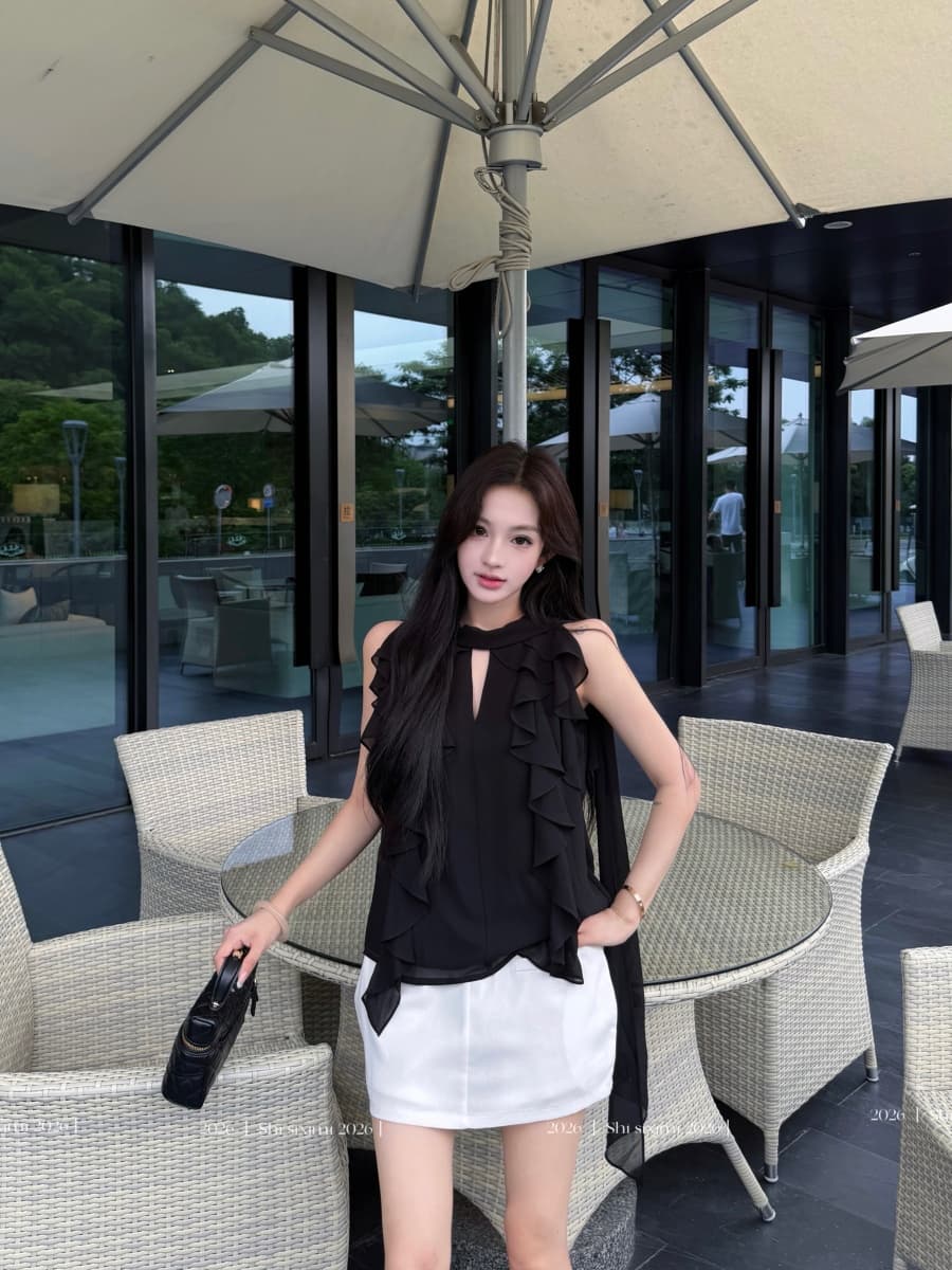 정가 실사 고급 센스 행침 목 프릴 시스루 부드러운 쉬폰 톱 셔츠