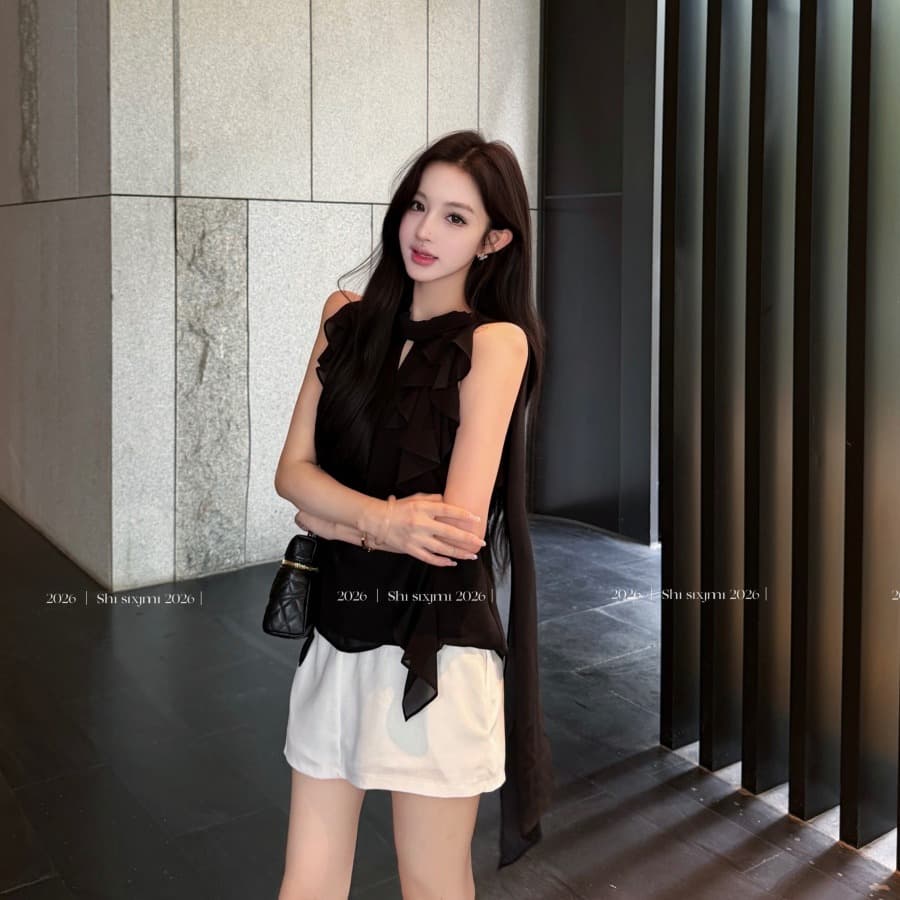 정가 실사 고급 센스 행침 목 프릴 시스루 부드러운 쉬폰 톱 셔츠 이미지 5