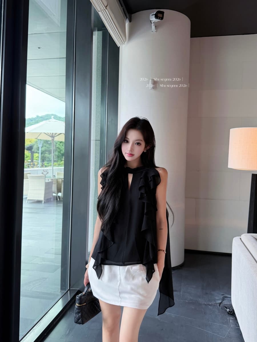 정가 실사 고급 센스 행침 목 프릴 시스루 부드러운 쉬폰 톱 셔츠 상세 이미지 10