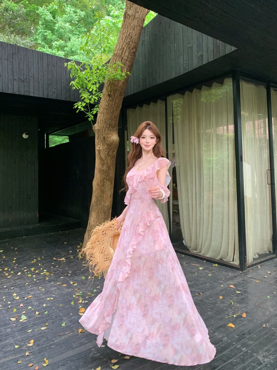 정가 실사 차 휴식 프랑스식 쉬폰 드레스 블라인드 부드러운 휴가 바람 허리 수축 핑크색 꽃무늬 롱 스커트 상세 이미지 12