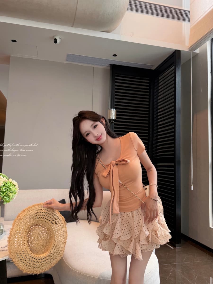 정가 실사 순수한 욕망 맨위 도트 무늬 반 스커트 세트 상세 이미지 8