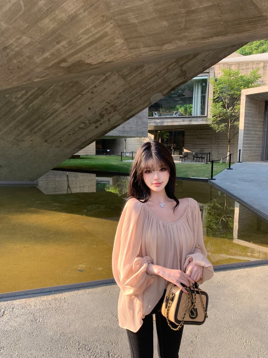 정가 실사 프랑스식 벌룬 소매 쉬폰 블라우스 여름 핀치 Pleat 패키지 어깨 셔츠 상세 이미지 5