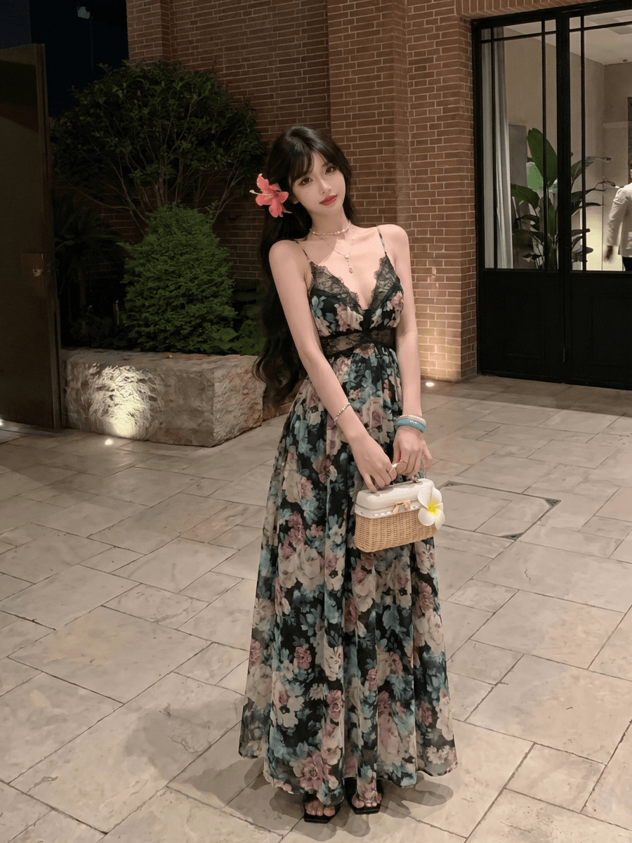 정가 실사 분위기 블랙 레트로 파란색 대 꽃무늬 레이스 슬립 롱 스커트 드레스 이미지 2