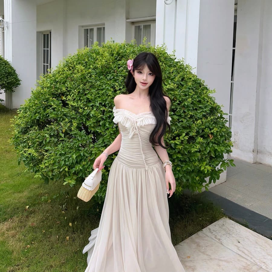 정가 실사 프릴 오프숄더 망사 드레스 여름 프랑스식 품격 몸매 가꾸기 한 마디 롱 스커트 이미지 5