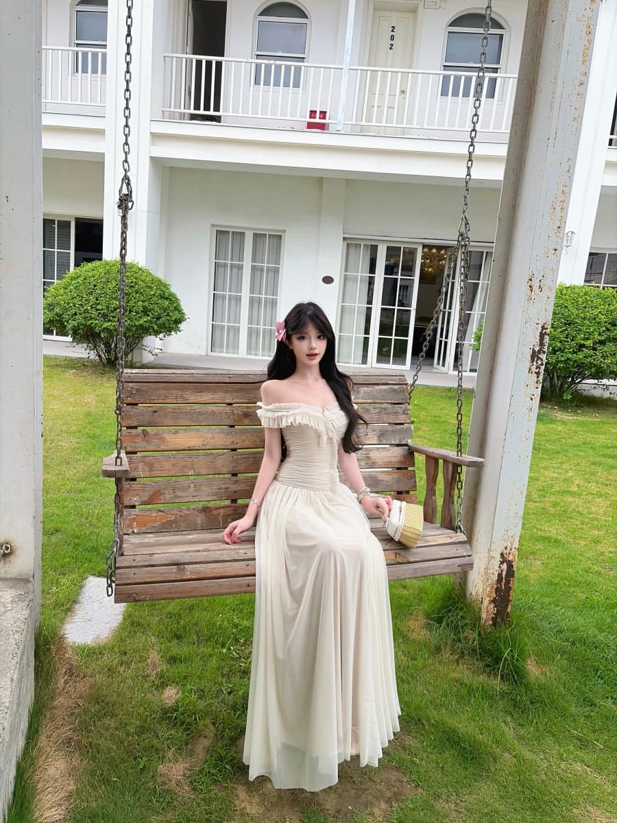 정가 실사 프릴 오프숄더 망사 드레스 여름 프랑스식 품격 몸매 가꾸기 한 마디 롱 스커트 상세 이미지 2
