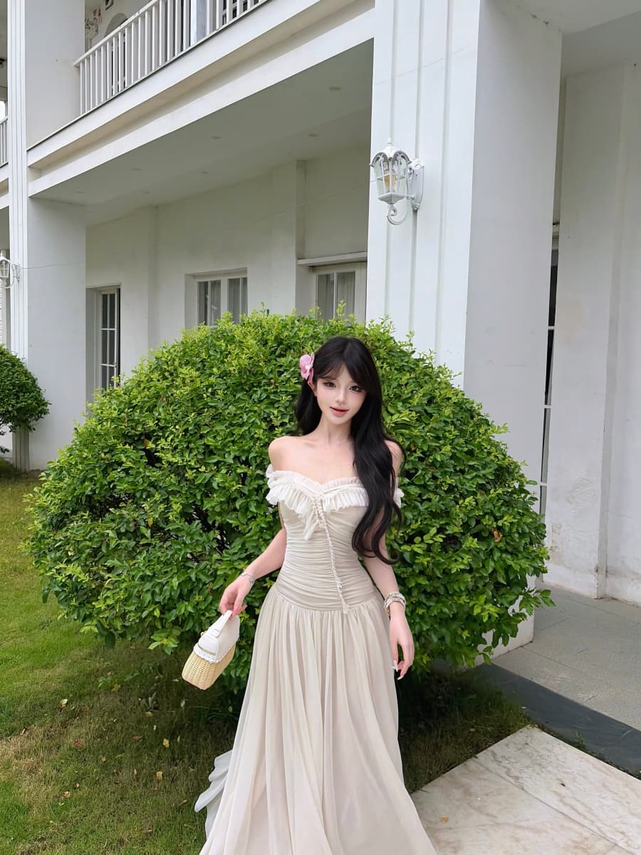정가 실사 프릴 오프숄더 망사 드레스 여름 프랑스식 품격 몸매 가꾸기 한 마디 롱 스커트 상세 이미지 6