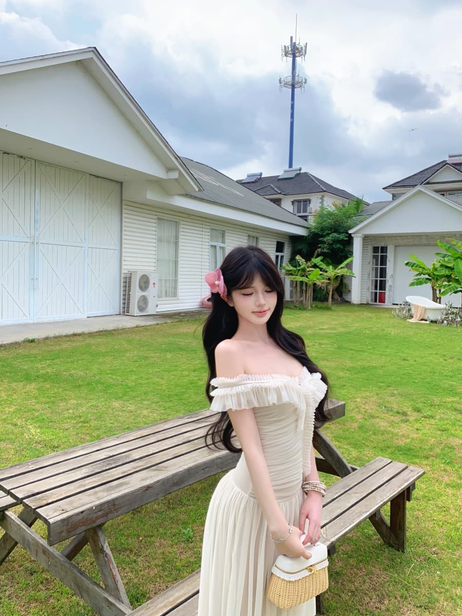 정가 실사 프릴 오프숄더 망사 드레스 여름 프랑스식 품격 몸매 가꾸기 한 마디 롱 스커트 상세 이미지 10