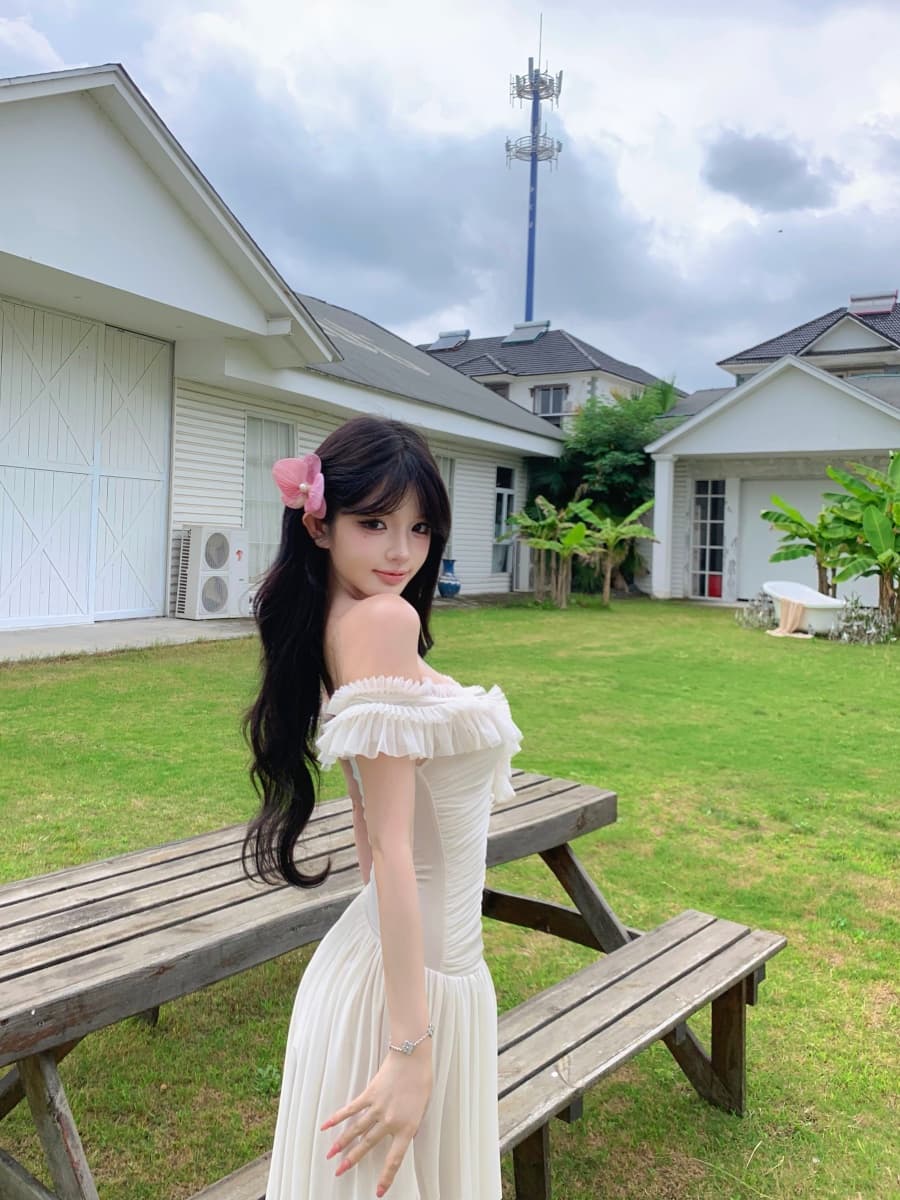 정가 실사 프릴 오프숄더 망사 드레스 여름 프랑스식 품격 몸매 가꾸기 한 마디 롱 스커트 상세 이미지 11
