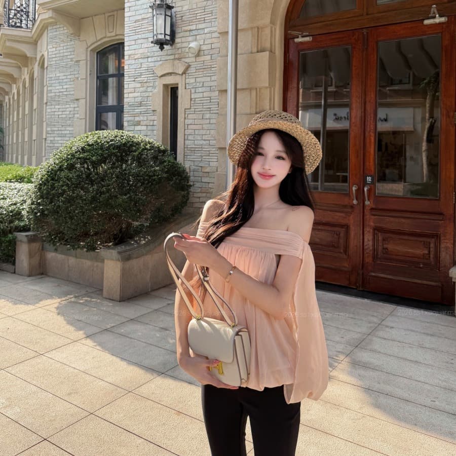 정가 실사 품격 부드러운 살구 색상 오프숄더 디자인 센스 矜贵 센스 맨위 로우 웨이스트 블랙 바지 이미지 5