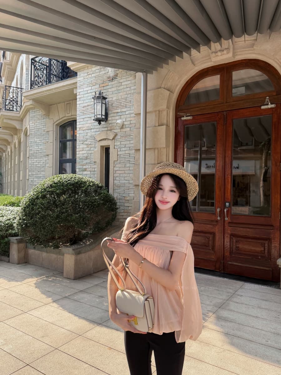정가 실사 품격 부드러운 살구 색상 오프숄더 디자인 센스 矜贵 센스 맨위 로우 웨이스트 블랙 바지 상세 이미지 6