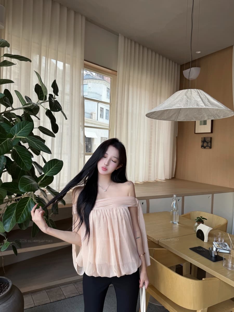 정가 실사 품격 부드러운 살구 색상 오프숄더 디자인 센스 矜贵 센스 맨위 로우 웨이스트 블랙 바지 상세 이미지 10
