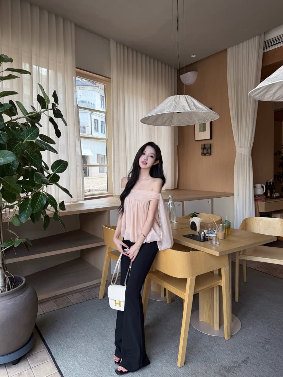 정가 실사 품격 부드러운 살구 색상 오프숄더 디자인 센스 矜贵 센스 맨위 로우 웨이스트 블랙 바지 상세 이미지 11