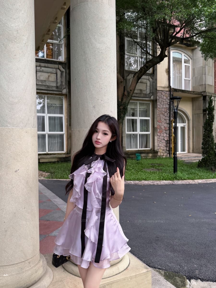 정가 실사 웨이브 새틴 바이올렛 배색 프릴 나비 매듭 민소매 맨위 반신 스커트 상세 이미지 12