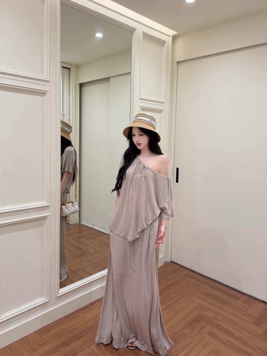 정가 실사 아마 느긋한 루즈핏 대 에디션 펌프 로프 칼라 대 치마 반 스커트 슬림해 보이는 세트 이미지 3