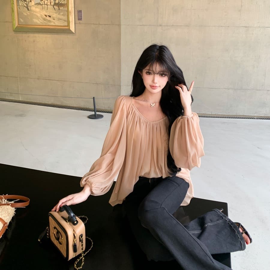 정가 실사 프랑스식 벌룬 소매 쉬폰 블라우스 여름 핀치 Pleat 패키지 어깨 셔츠 이미지 5