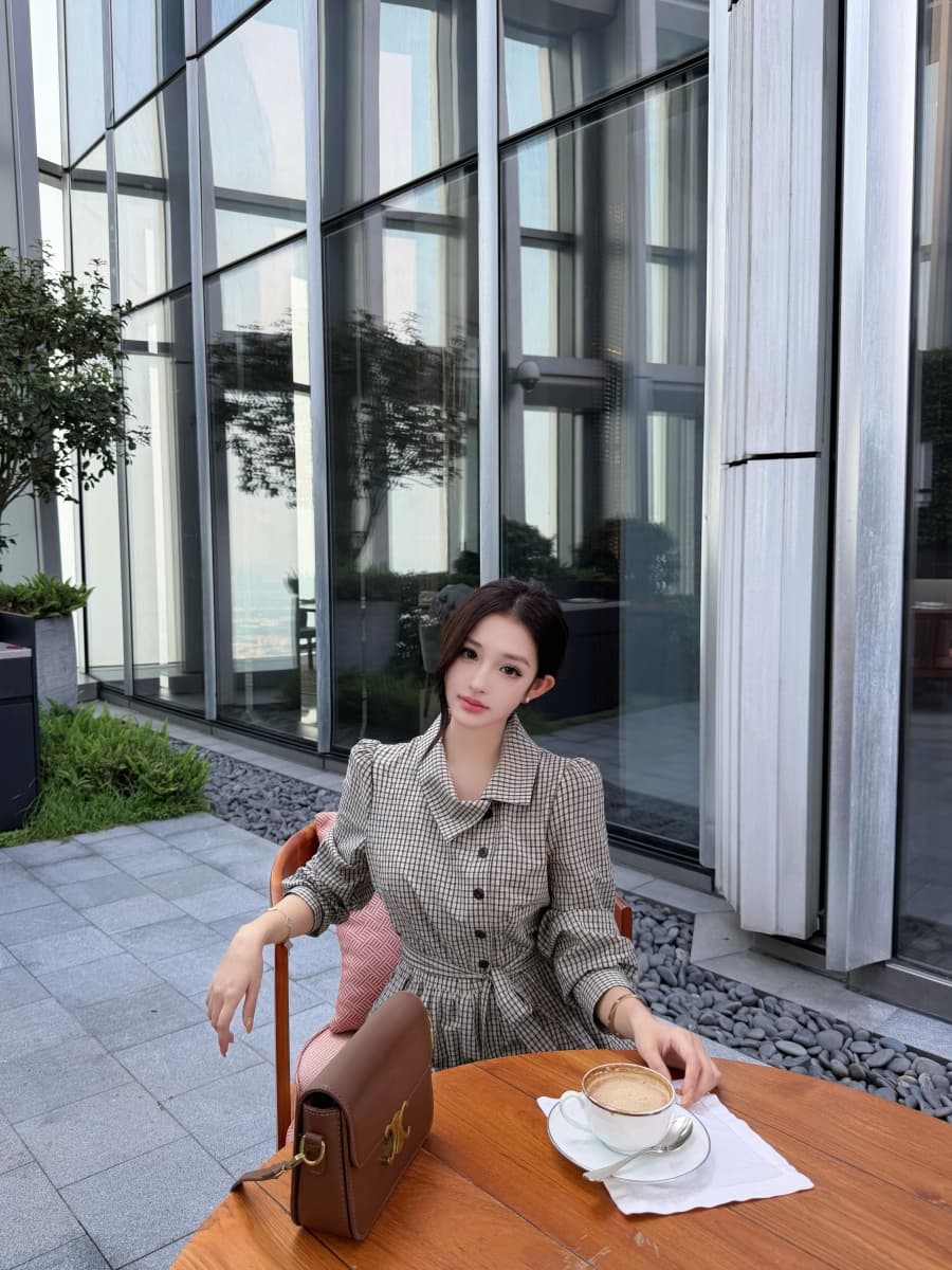 정가 실사 레트로 체크무늬 긴팔 드레스 폴로 칼라 허리 수축 롱 스커트 이른 가을 상세 이미지 17