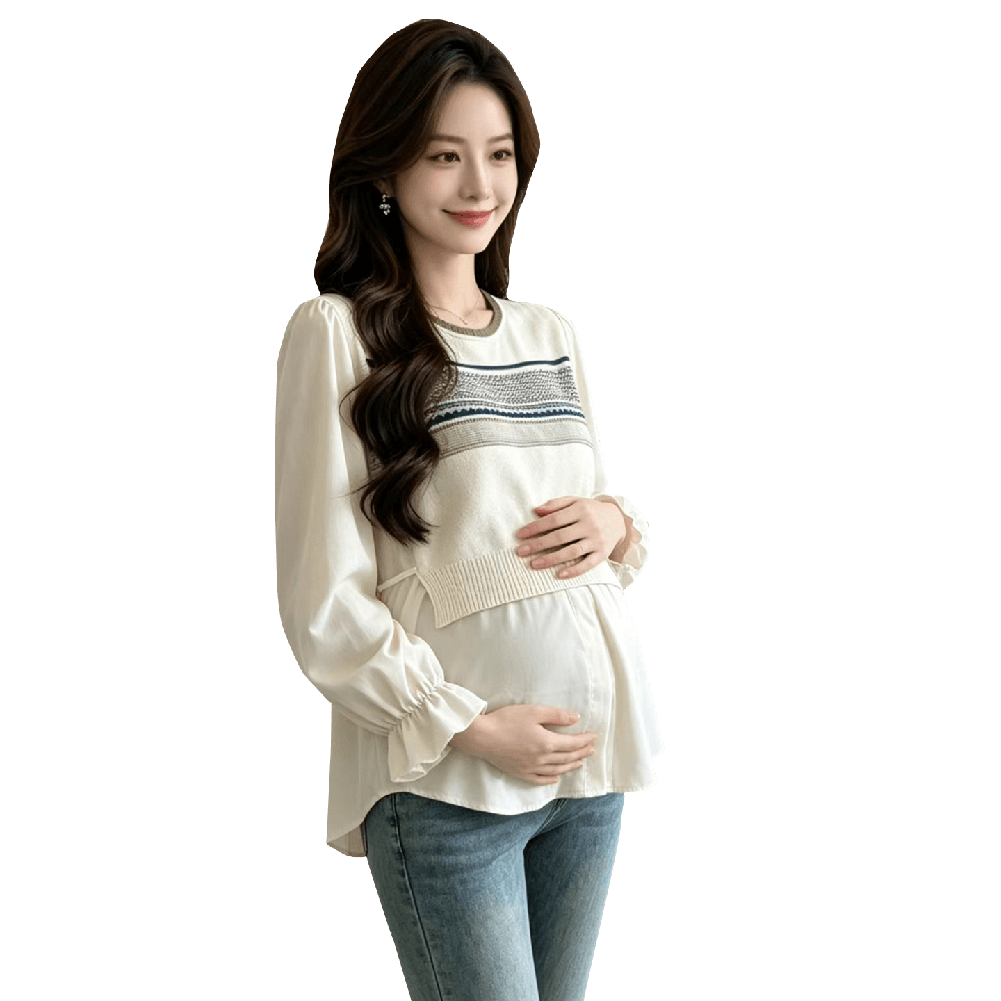 임산부 가을 의상 2026 새로운 달콤함 루즈핏 슬림해 보이는 니트 패치워크 페이크 레이어드 긴팔 맨위 이미지 5