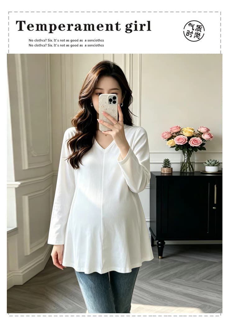 임산부 기본 셔츠 가을 인사이드 가져 가라. 긴팔 티셔츠 봄 가을 루즈핏 슬림해 보이는 인어 꼬리 표지 배 확실하지 않음 임신 한 맨위 상세 이미지 1