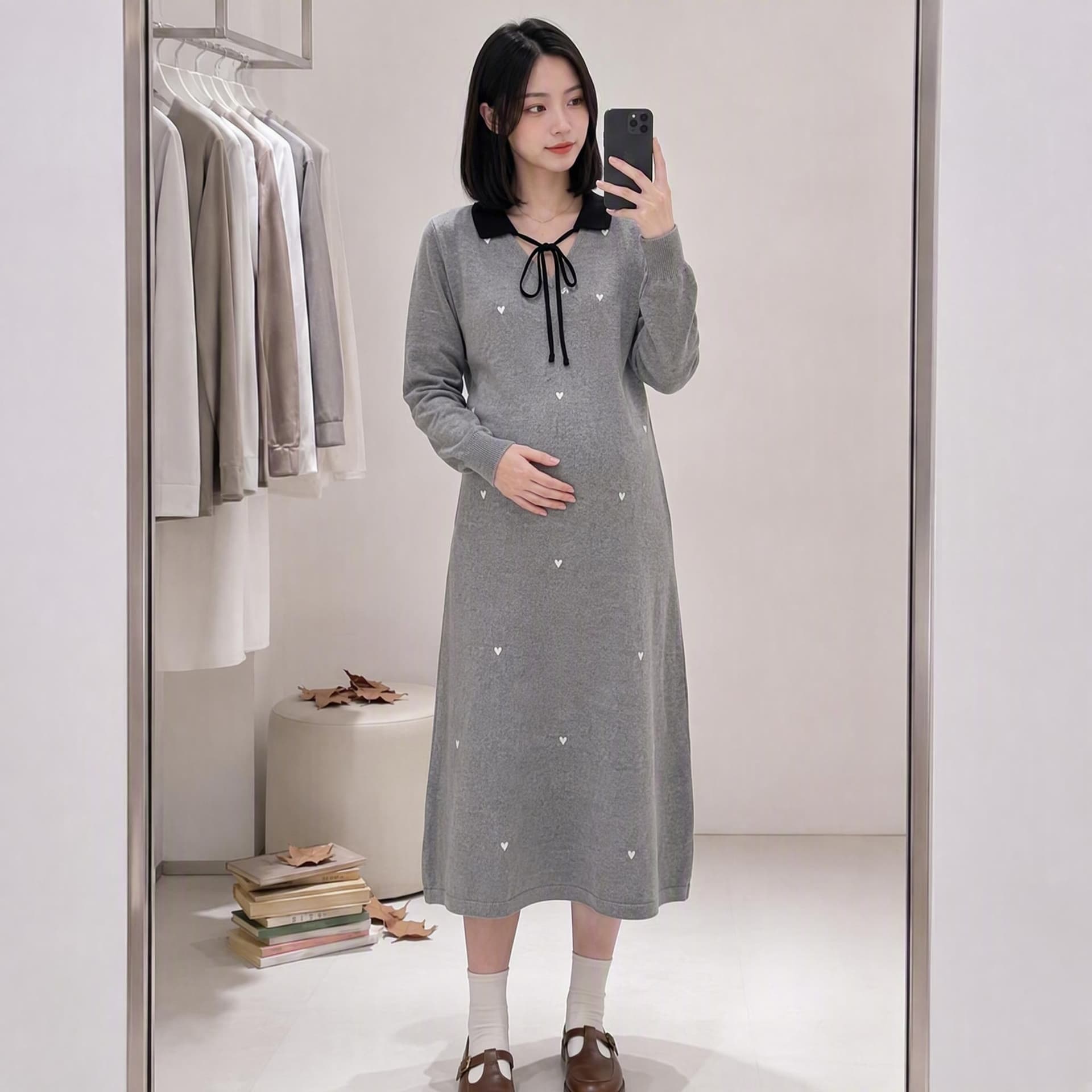 진짜 임산부 가을 니트 고급 센스 드레스 임신 기간 외국 가스 연령 감소 베이비 칼라 표지 배 슬림해 보이는 드레스 이미지 5