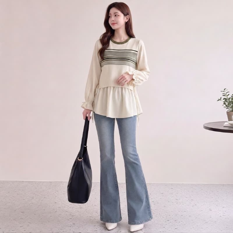 진짜 임산부 가을 의상 2026 새로운 달콤함 루즈핏 슬림해 보이는 니트 패치워크 페이크 레이어드 긴팔 맨위 이미지 2