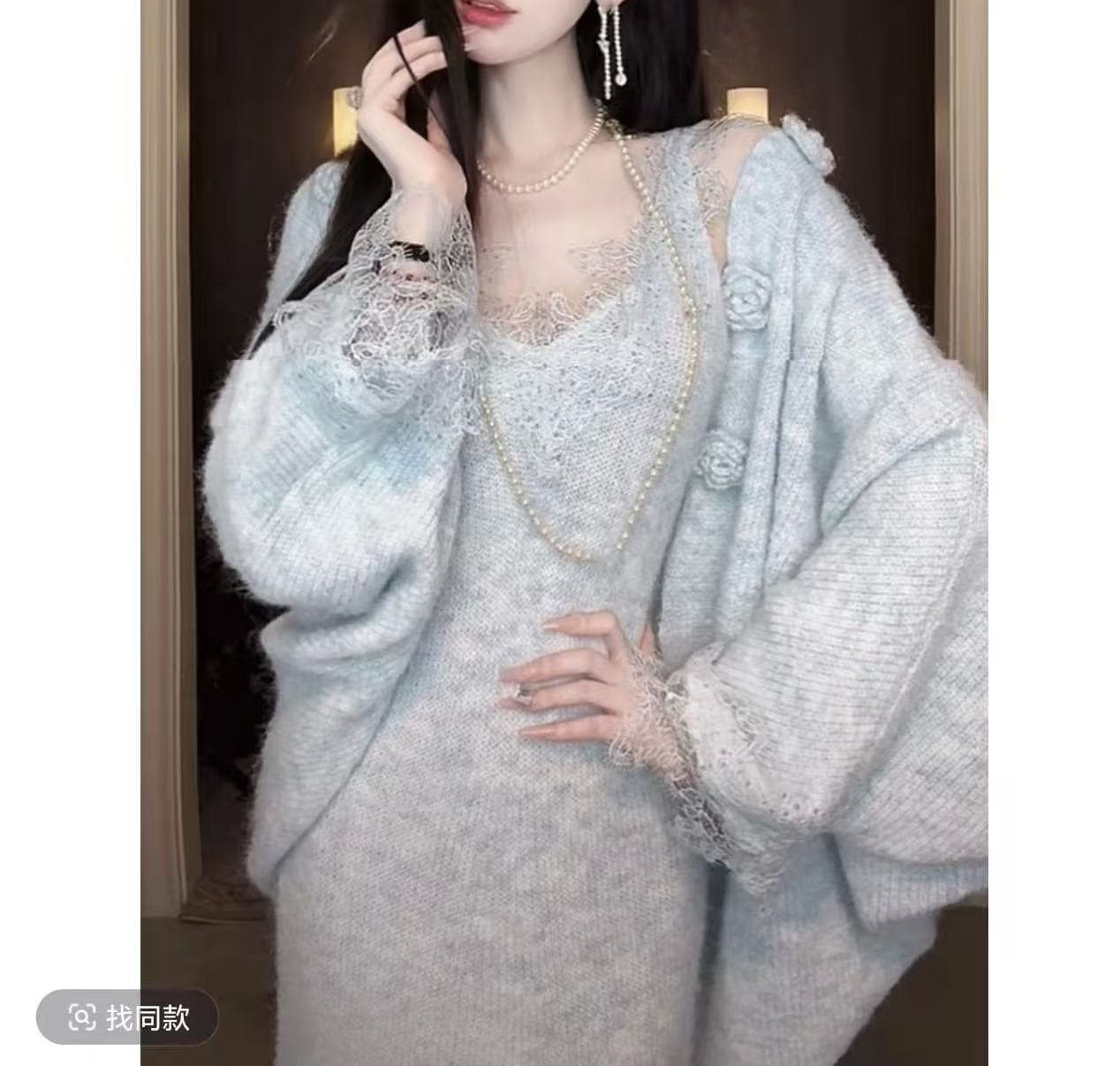 sun 우아한 조 토론토 가을 겨울 4 가지 색상 V넥 니트 원피스 포함 양모 느긋한 스웨터 투피스 슈트 여성