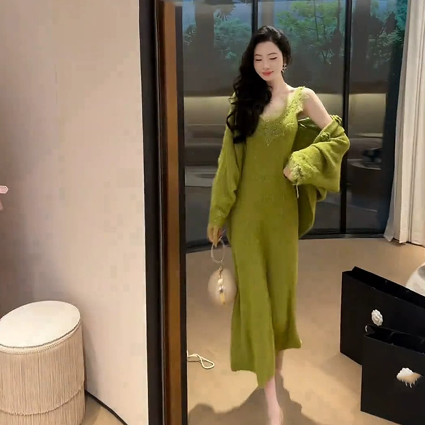 sun 우아한 조 토론토 가을 겨울 4 가지 색상 V넥 니트 원피스 포함 양모 느긋한 스웨터 투피스 슈트 여성 이미지 4