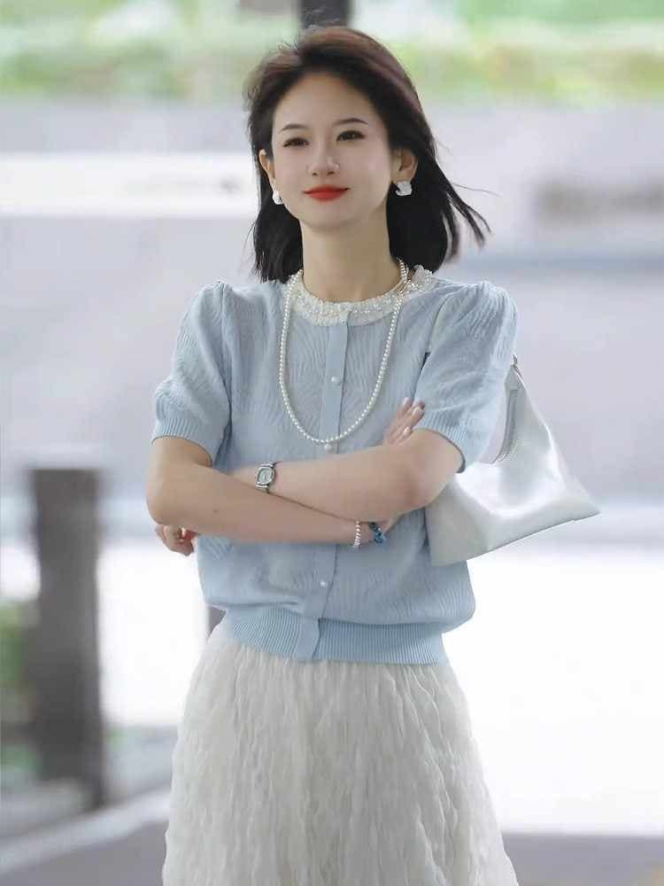 여름 인기 착용 가져 가라. 명문 여성 품격 여신 팬 고급 센스 위엄있는 대기 작은 샤넬 스타일 파란색 이미지 4