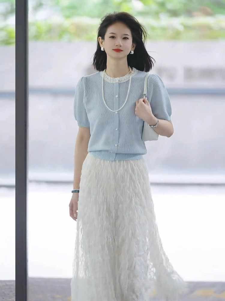 여름 인기 착용 가져 가라. 명문 여성 품격 여신 팬 고급 센스 위엄있는 대기 작은 샤넬 스타일 파란색 이미지 2