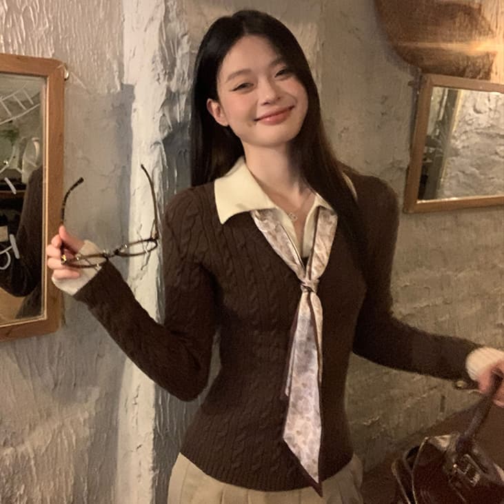 송 긍정적 인 En 커피 색상 POLO 칼라 페이크 레이어드 니트 스웨터 여성 스웨터 가을 인사이드 가져 가라. 몸매 가꾸기 쇼트 스타일 긴팔 작은 맨위 이미지 3