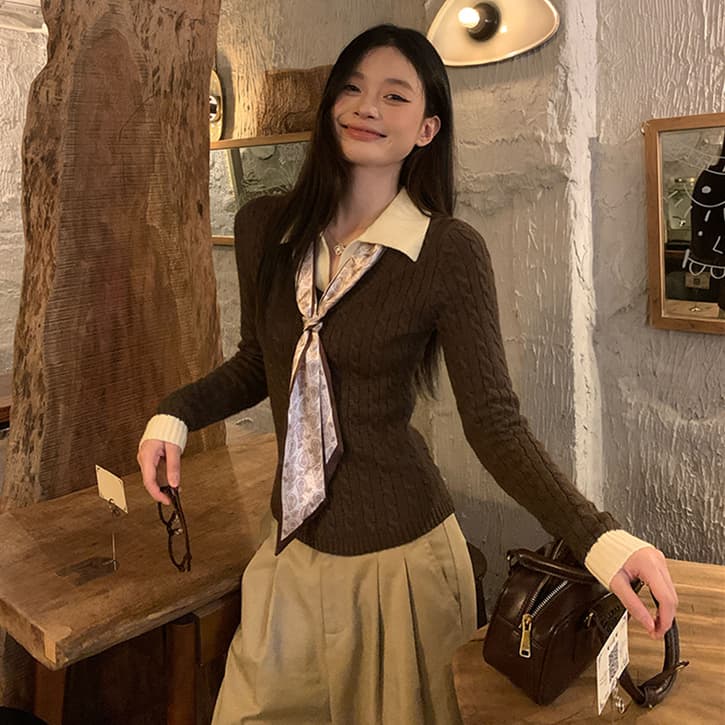 송 긍정적 인 En 커피 색상 POLO 칼라 페이크 레이어드 니트 스웨터 여성 스웨터 가을 인사이드 가져 가라. 몸매 가꾸기 쇼트 스타일 긴팔 작은 맨위 이미지 4