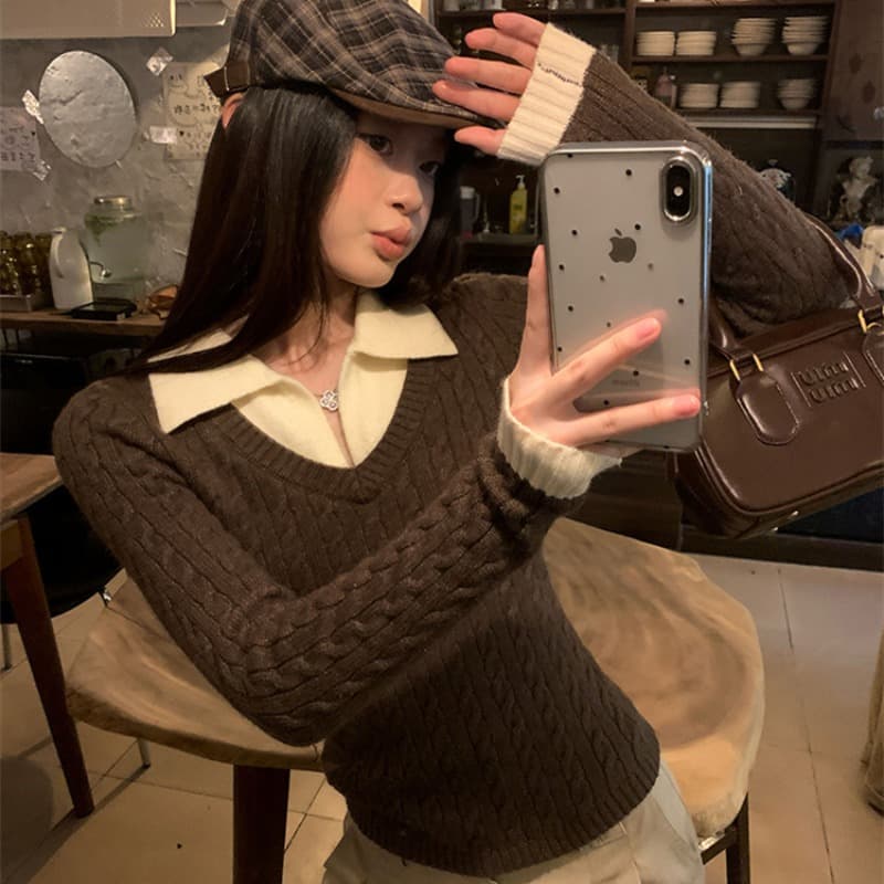 송 긍정적 인 En 커피 색상 POLO 칼라 페이크 레이어드 니트 스웨터 여성 스웨터 가을 인사이드 가져 가라. 몸매 가꾸기 쇼트 스타일 긴팔 작은 맨위 이미지 6