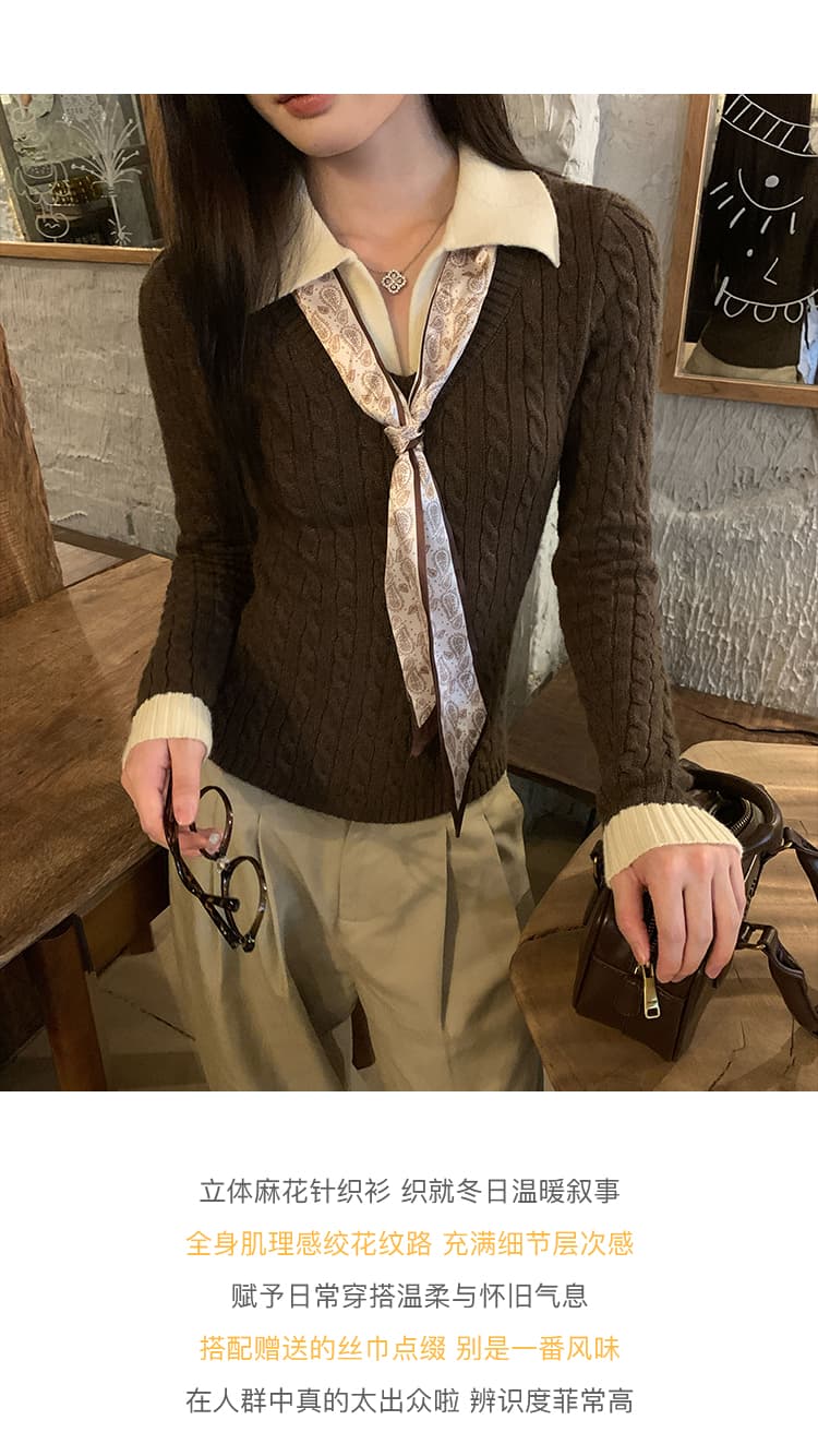 송 긍정적 인 En 커피 색상 POLO 칼라 페이크 레이어드 니트 스웨터 여성 스웨터 가을 인사이드 가져 가라. 몸매 가꾸기 쇼트 스타일 긴팔 작은 맨위 상세 이미지 2
