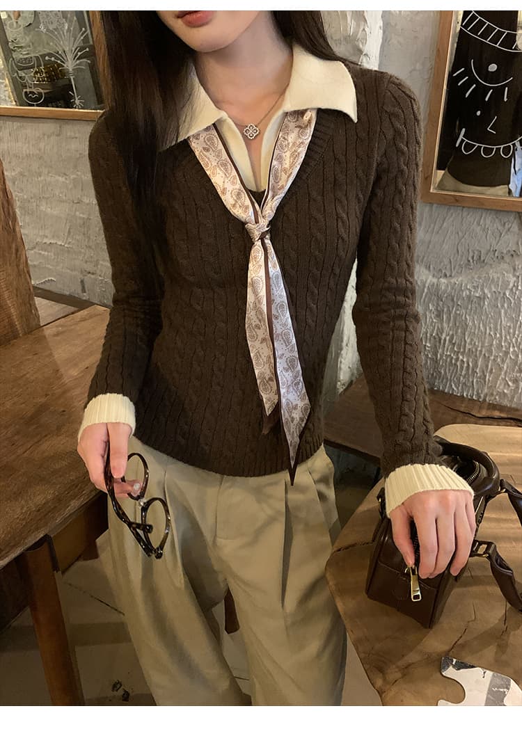 송 긍정적 인 En 커피 색상 POLO 칼라 페이크 레이어드 니트 스웨터 여성 스웨터 가을 인사이드 가져 가라. 몸매 가꾸기 쇼트 스타일 긴팔 작은 맨위 상세 이미지 10
