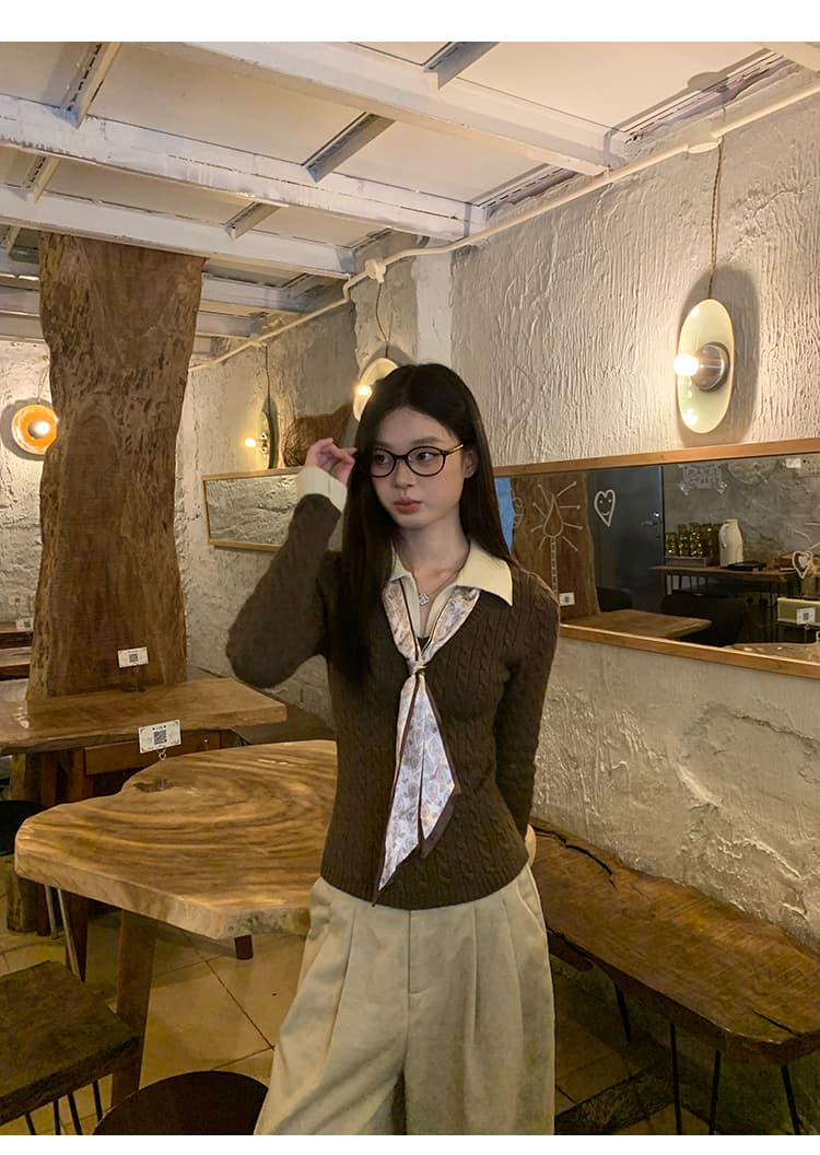 송 긍정적 인 En 커피 색상 POLO 칼라 페이크 레이어드 니트 스웨터 여성 스웨터 가을 인사이드 가져 가라. 몸매 가꾸기 쇼트 스타일 긴팔 작은 맨위 상세 이미지 11