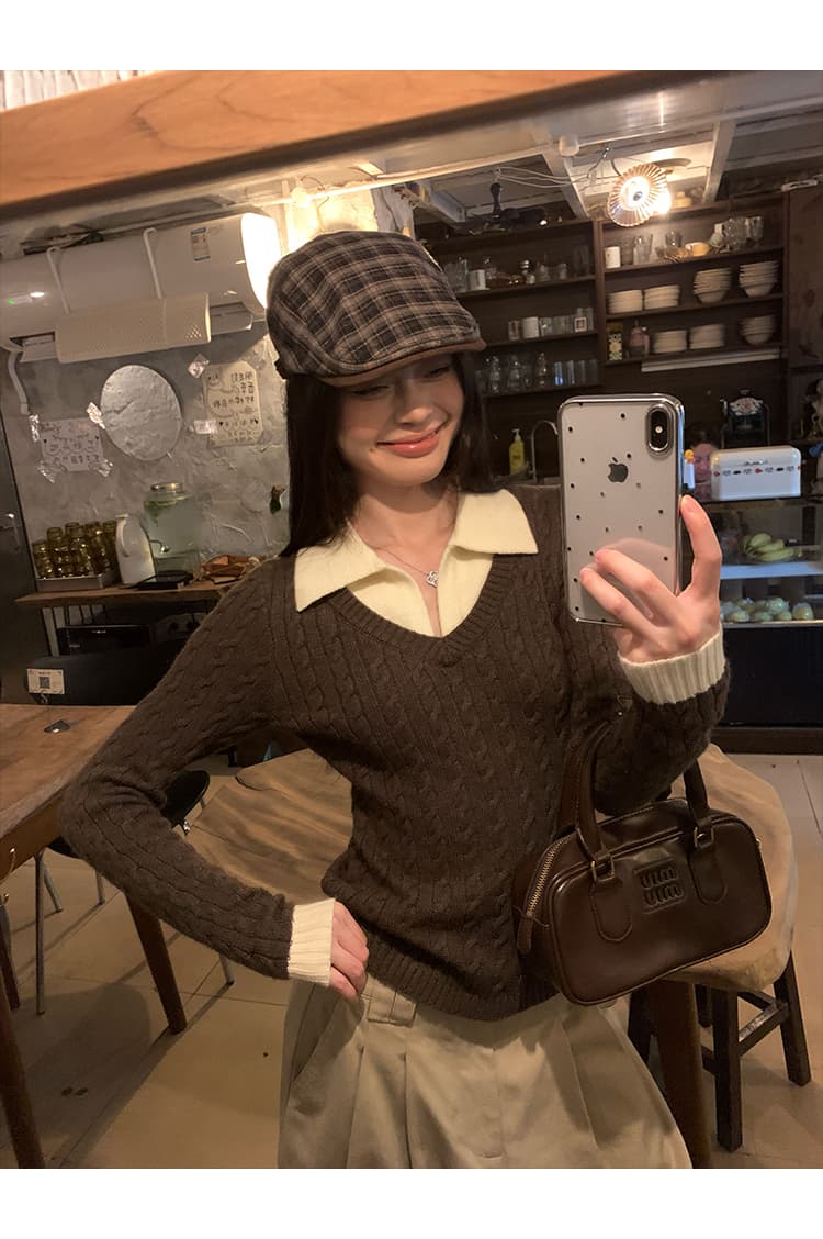 송 긍정적 인 En 커피 색상 POLO 칼라 페이크 레이어드 니트 스웨터 여성 스웨터 가을 인사이드 가져 가라. 몸매 가꾸기 쇼트 스타일 긴팔 작은 맨위 상세 이미지 12