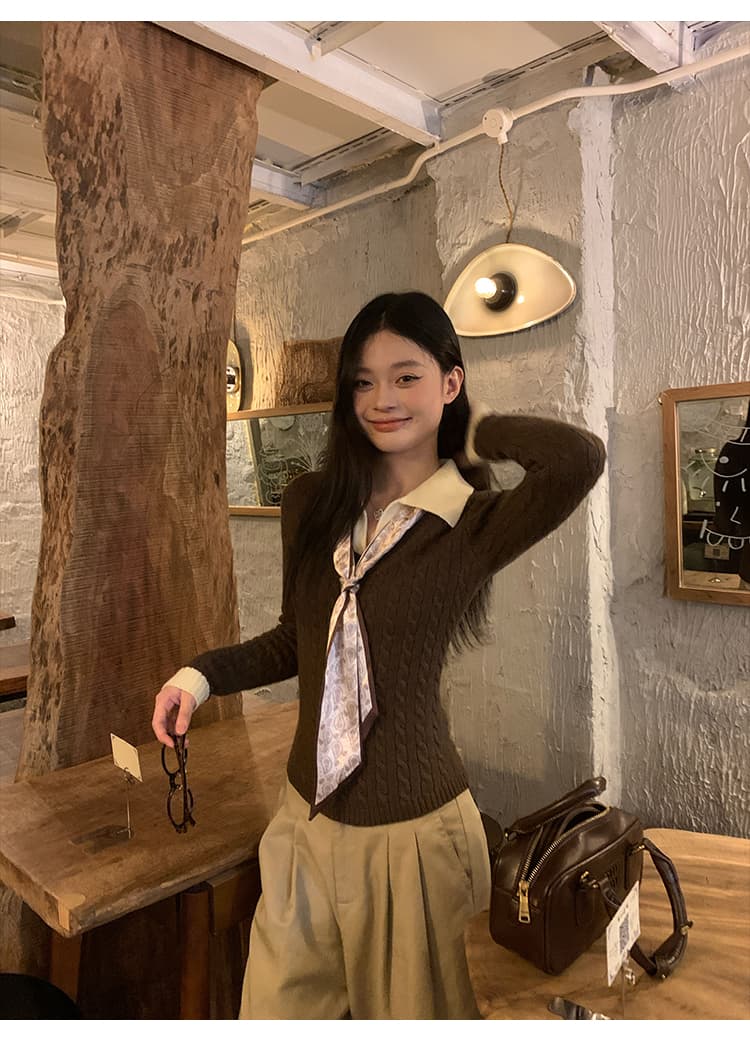 송 긍정적 인 En 커피 색상 POLO 칼라 페이크 레이어드 니트 스웨터 여성 스웨터 가을 인사이드 가져 가라. 몸매 가꾸기 쇼트 스타일 긴팔 작은 맨위 상세 이미지 15