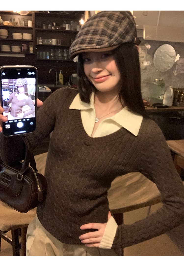 송 긍정적 인 En 커피 색상 POLO 칼라 페이크 레이어드 니트 스웨터 여성 스웨터 가을 인사이드 가져 가라. 몸매 가꾸기 쇼트 스타일 긴팔 작은 맨위 상세 이미지 16