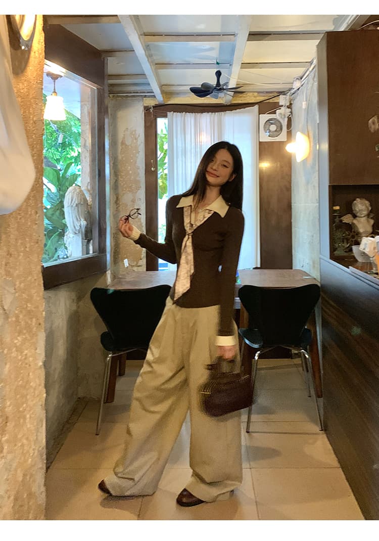 송 긍정적 인 En 커피 색상 POLO 칼라 페이크 레이어드 니트 스웨터 여성 스웨터 가을 인사이드 가져 가라. 몸매 가꾸기 쇼트 스타일 긴팔 작은 맨위 상세 이미지 17
