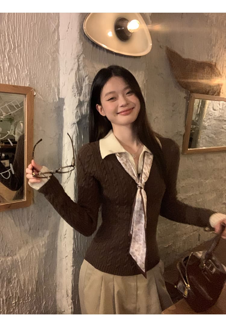 송 긍정적 인 En 커피 색상 POLO 칼라 페이크 레이어드 니트 스웨터 여성 스웨터 가을 인사이드 가져 가라. 몸매 가꾸기 쇼트 스타일 긴팔 작은 맨위 상세 이미지 18