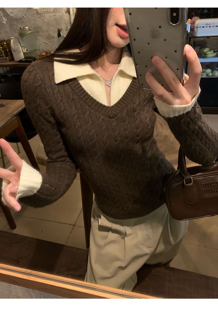 송 긍정적 인 En 커피 색상 POLO 칼라 페이크 레이어드 니트 스웨터 여성 스웨터 가을 인사이드 가져 가라. 몸매 가꾸기 쇼트 스타일 긴팔 작은 맨위 상세 이미지 19