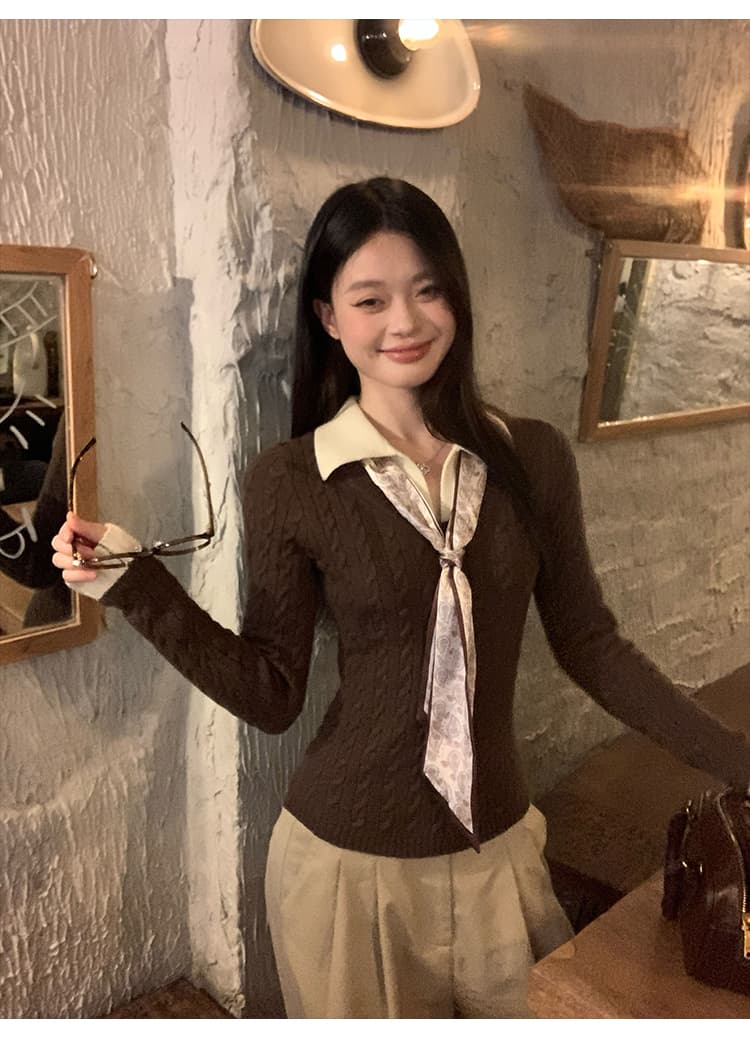 송 긍정적 인 En 커피 색상 POLO 칼라 페이크 레이어드 니트 스웨터 여성 스웨터 가을 인사이드 가져 가라. 몸매 가꾸기 쇼트 스타일 긴팔 작은 맨위 상세 이미지 20