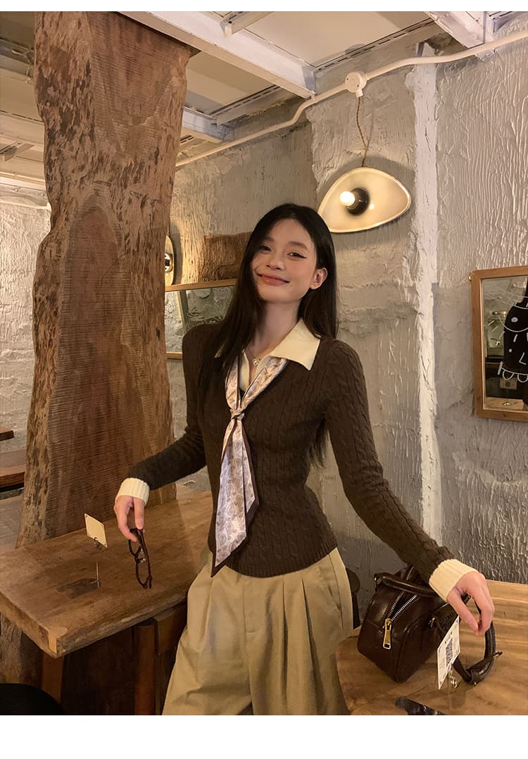 송 긍정적 인 En 커피 색상 POLO 칼라 페이크 레이어드 니트 스웨터 여성 스웨터 가을 인사이드 가져 가라. 몸매 가꾸기 쇼트 스타일 긴팔 작은 맨위 상세 이미지 22