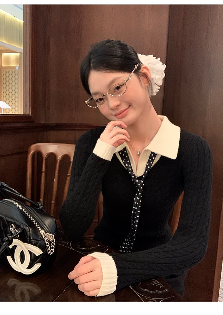 송 긍정적 인 En 커피 색상 POLO 칼라 페이크 레이어드 니트 스웨터 여성 스웨터 가을 인사이드 가져 가라. 몸매 가꾸기 쇼트 스타일 긴팔 작은 맨위 상세 이미지 27