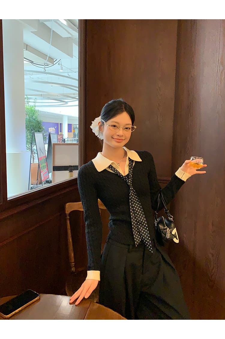 송 긍정적 인 En 커피 색상 POLO 칼라 페이크 레이어드 니트 스웨터 여성 스웨터 가을 인사이드 가져 가라. 몸매 가꾸기 쇼트 스타일 긴팔 작은 맨위 상세 이미지 29