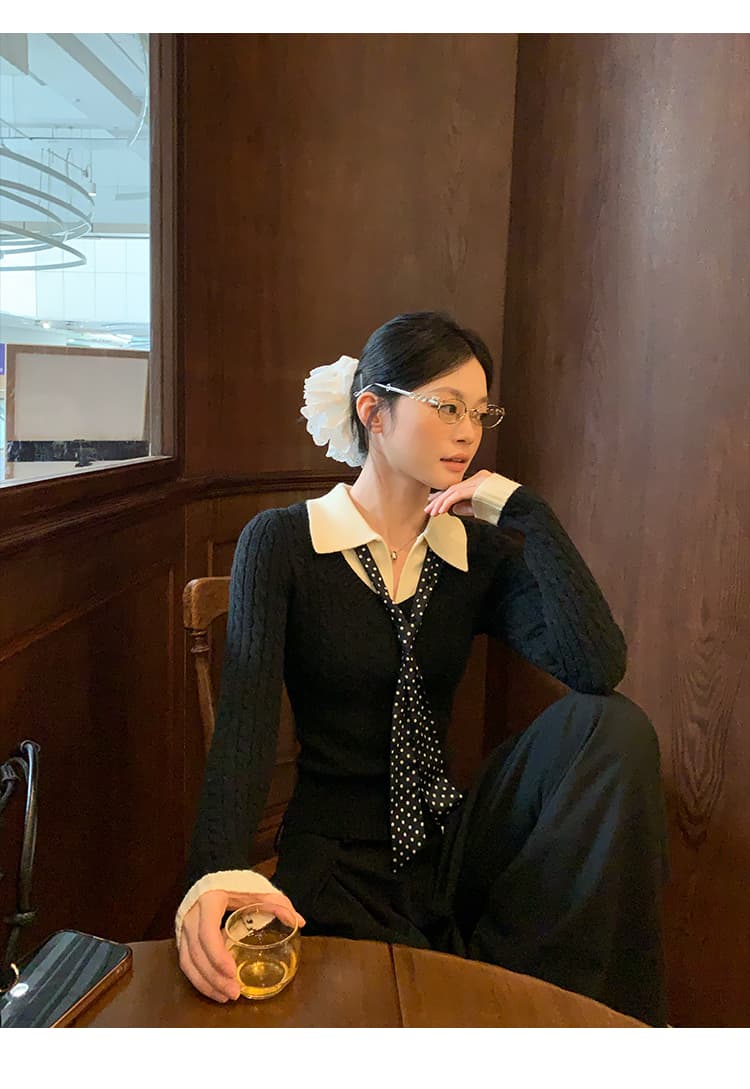 송 긍정적 인 En 커피 색상 POLO 칼라 페이크 레이어드 니트 스웨터 여성 스웨터 가을 인사이드 가져 가라. 몸매 가꾸기 쇼트 스타일 긴팔 작은 맨위 상세 이미지 31