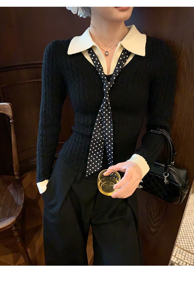 송 긍정적 인 En 커피 색상 POLO 칼라 페이크 레이어드 니트 스웨터 여성 스웨터 가을 인사이드 가져 가라. 몸매 가꾸기 쇼트 스타일 긴팔 작은 맨위 상세 이미지 36