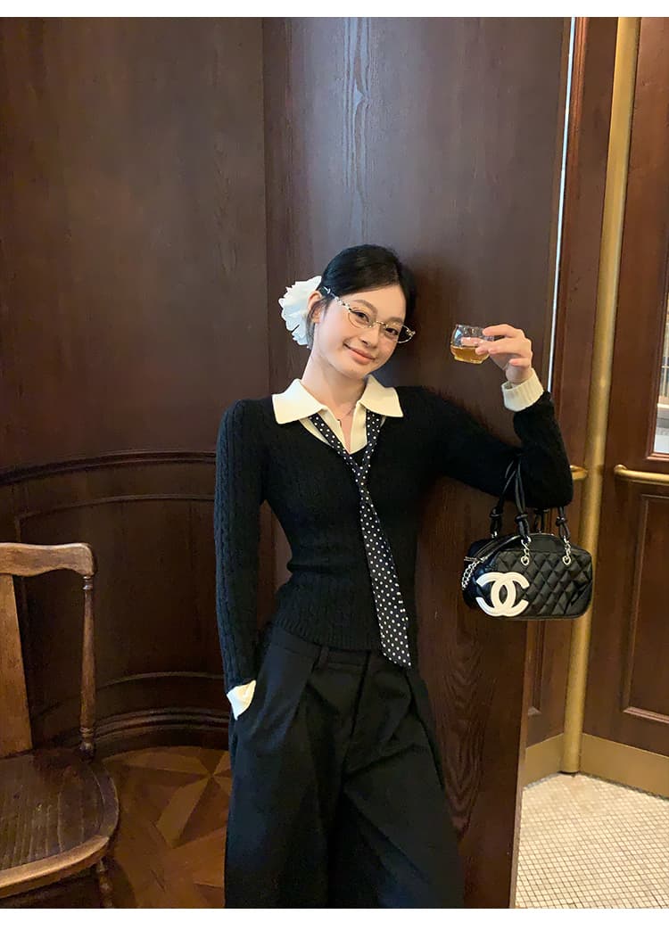 송 긍정적 인 En 커피 색상 POLO 칼라 페이크 레이어드 니트 스웨터 여성 스웨터 가을 인사이드 가져 가라. 몸매 가꾸기 쇼트 스타일 긴팔 작은 맨위 상세 이미지 37