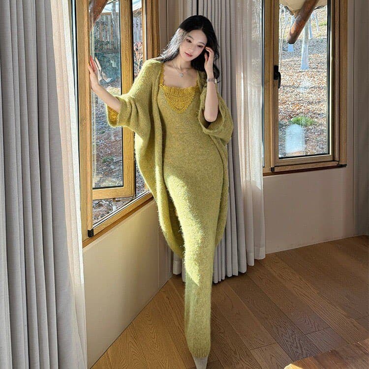 2026 년 가을 허리 수축 슬립 드레스 루즈핏 오픈 가디건 니트 세트 여성 투피스 세트 상세 이미지 7