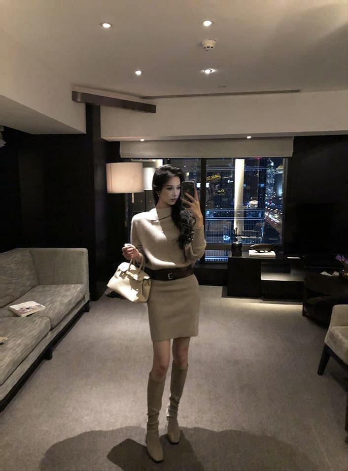 품격 허리 수축 타이트 스커트 스웨터 치마 2026 가을 겨울 새로운 몸매 가꾸기 인사이드 가져 가라. 니트 드레스 벨트 포함 상세 이미지 28